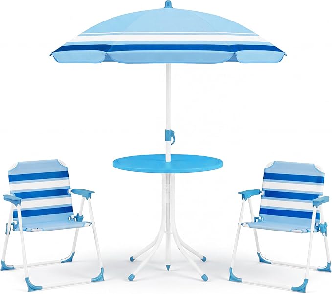 2 chair patio set with umbrella Olakids Kids Picnic Table, Outdoor Toddler Patio Furniture Set with 2 Folding Chairs Adjustable Foldable Umbrella for Garden Backyard Beach Blue