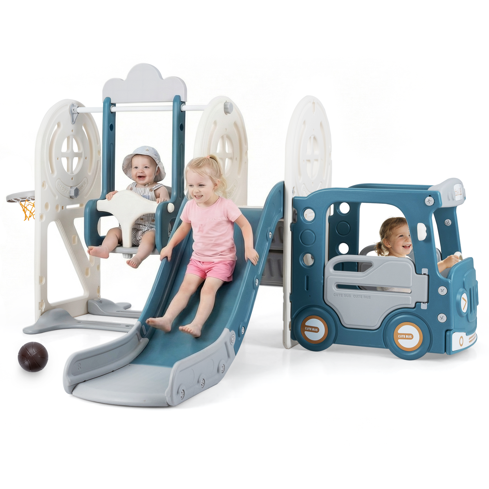 新品 son and daughter－Oli sets OLAKIDS 5 in 1 Bus Themed Toddler Slide & Swing Set with Climber, Bask