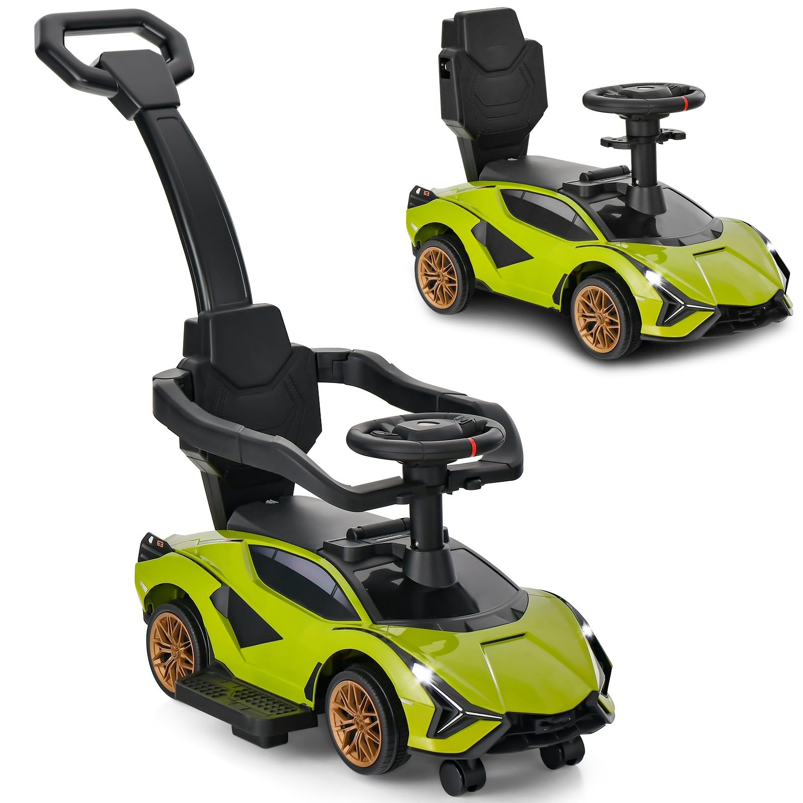 OLAKIDS 3 in 1 Ride on Push Car, Licensed Lamborghini Baby Stroller Sliding Walking Car Yellow