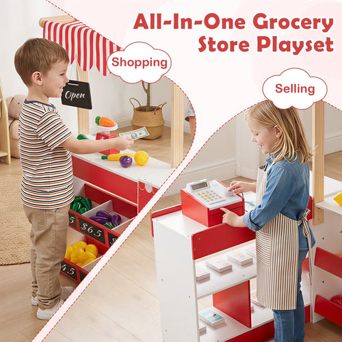 INFANS Grocery Store Pretend Play for Kids, Wooden Supermarket Toy Set with Shopping Cart, Vending Machine, Cash Register, Gift for Boys Girls 3+
