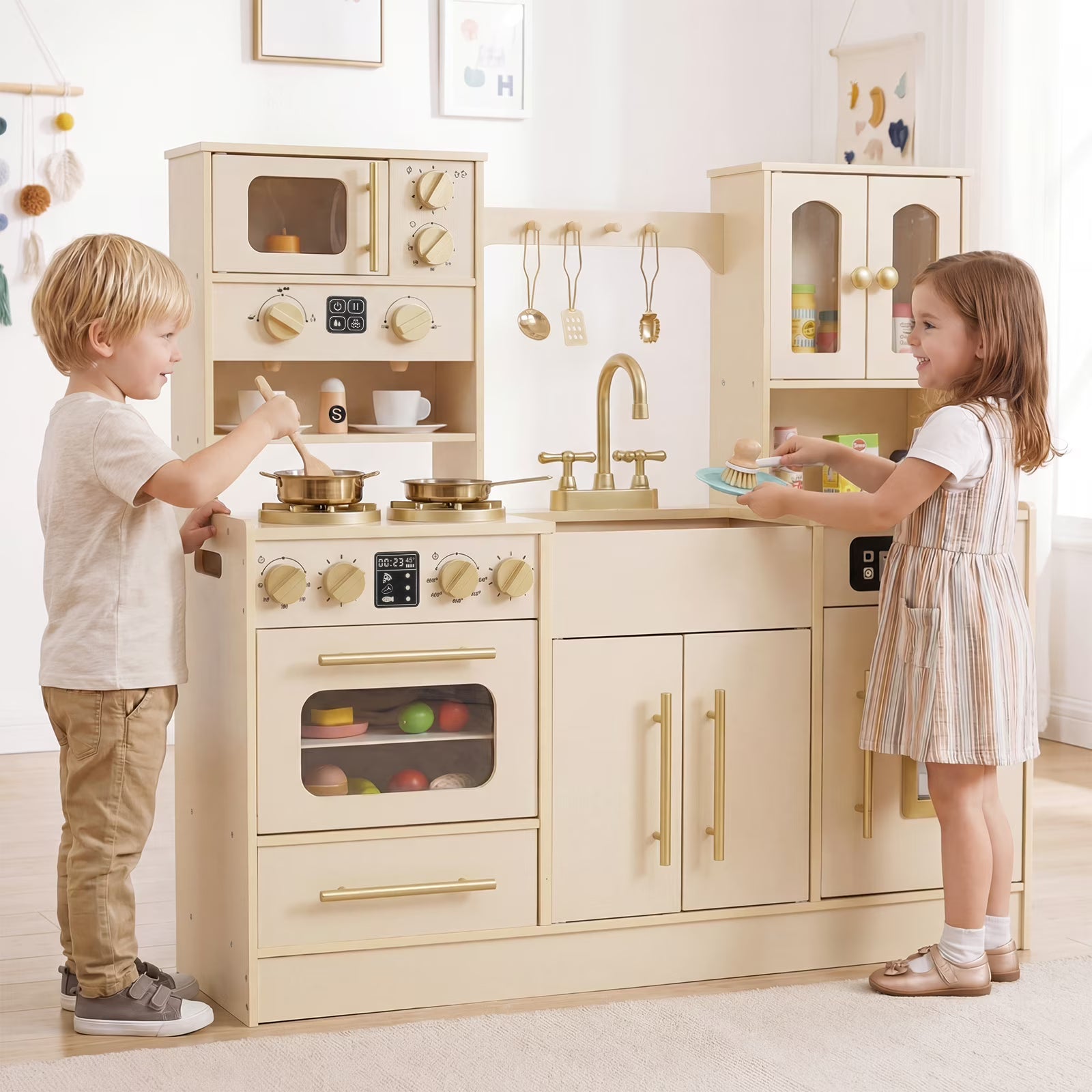 OLAKIDS Kids Kitchen Playset, Wooden Pretend Play Kitchen with Realistic Light Sound 14 Accessories, Toddler Cooking Toy for Boys Girls Aged 3+