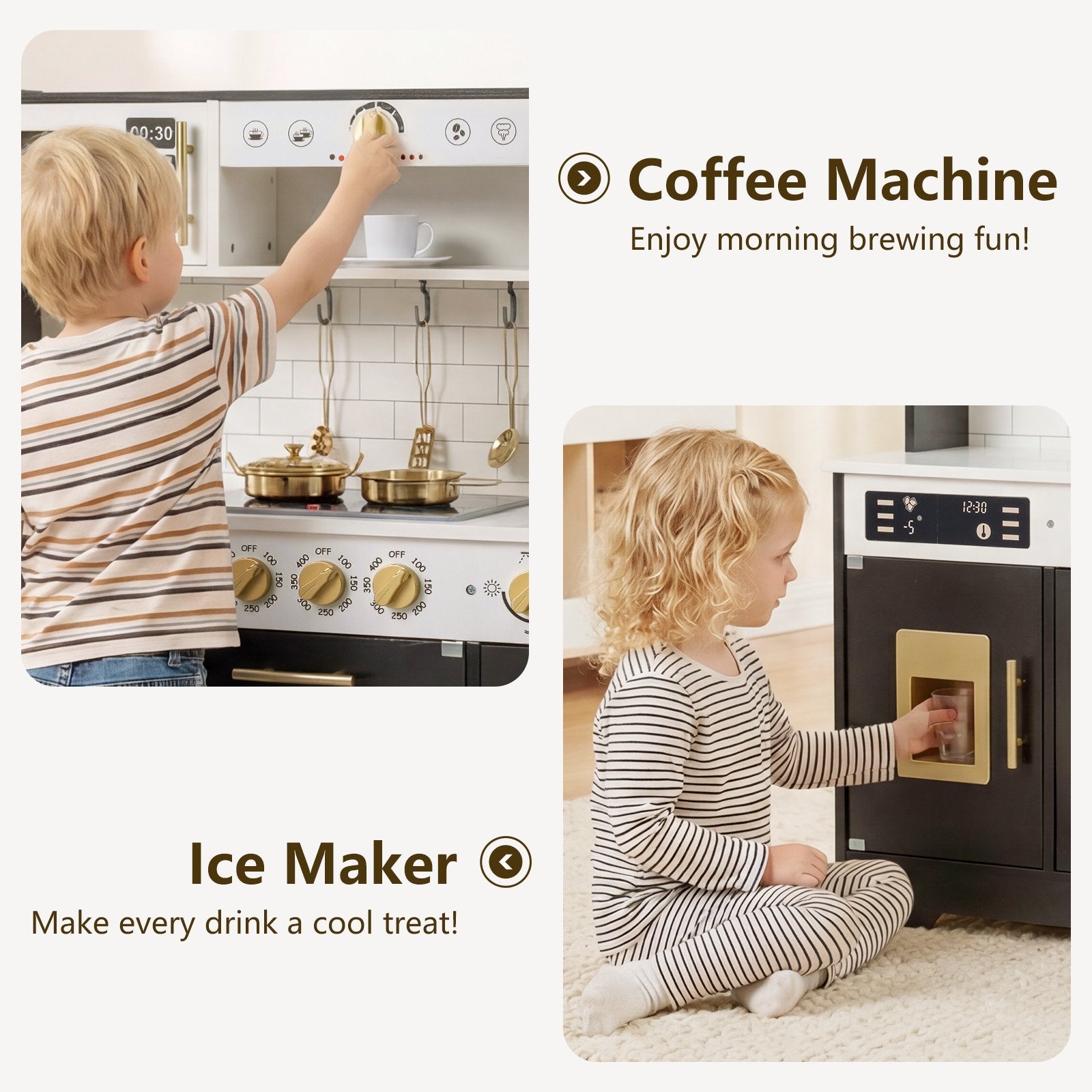 OLAKIDS Wooden Play Kitchen with Lights, Sounds, Dishwasher & Coffee Machine, Pretend Cooking Set for Ages 3+