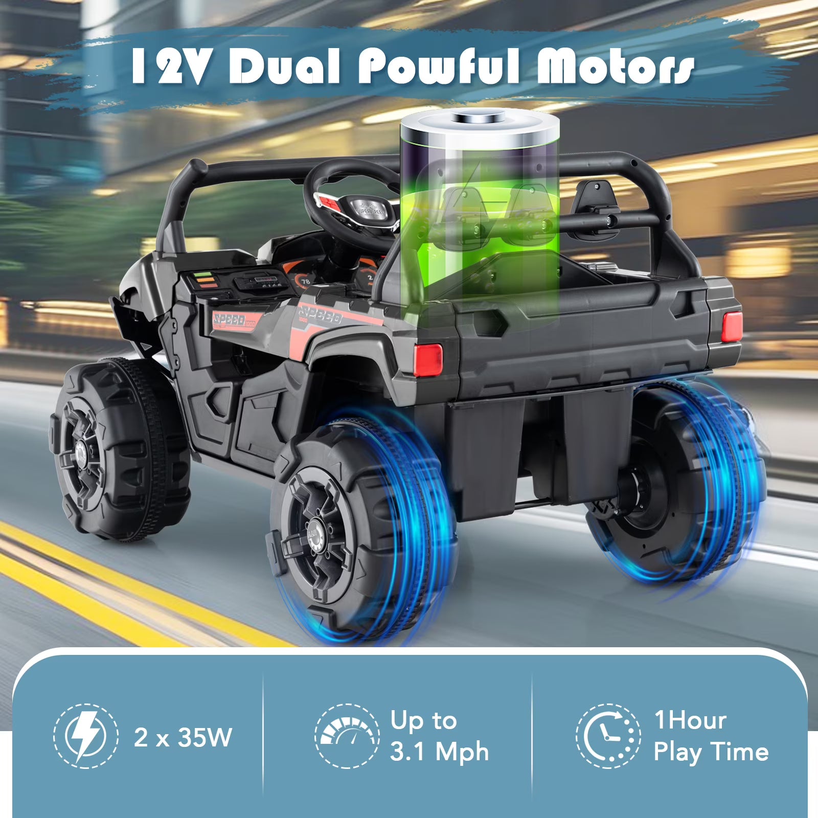 OLAKIDS 12V Ride on UTV, Battery Powered Off-Road Kids Electric Vehicles with Remote Control, Music, Horn, MP3, Lights, 3 Speeds, Soft Start, Ride on Truck for 3+ Boys Girls
