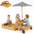 OLAKIDS 3-in-1 Wooden Kids Picnic Table, Outdoor Sandbox with Lid, Benches, Wheels, Storage & Adjustable Umbrella