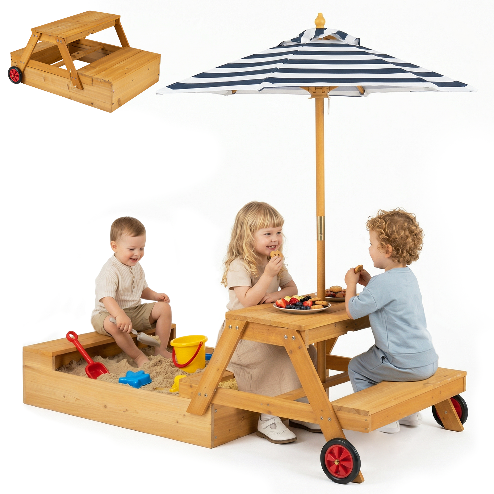 OLAKIDS 3-in-1 Wooden Kids Picnic Table, Outdoor Sandbox with Lid, Benches, Wheels, Storage & Adjustable Umbrella