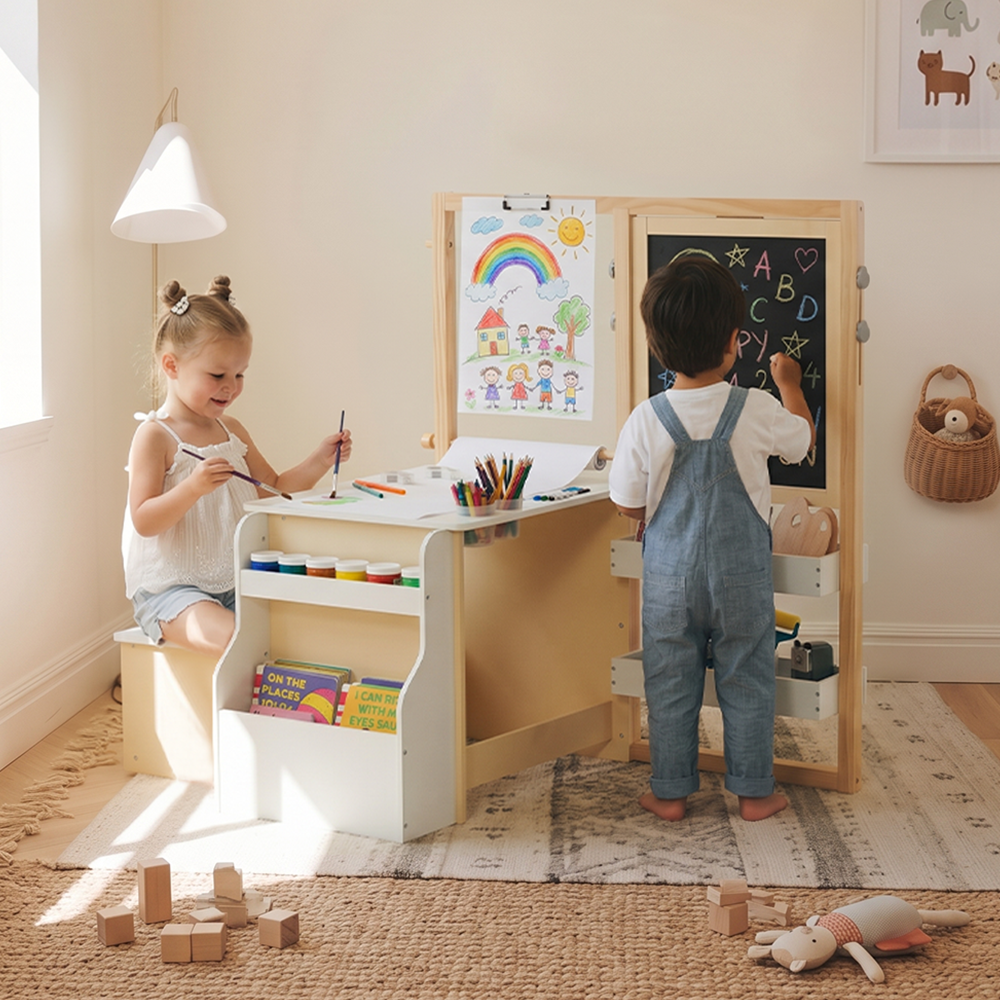 OLAKIDS 3 in 1 Kids Art Table and Chair Set, Toddler Wood Activity Desk with Double-Sided Easel, Children Furniture