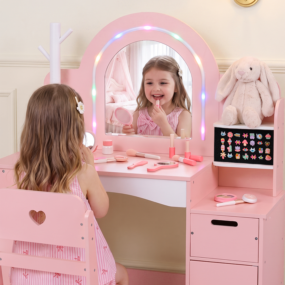 OLAKIDS Kids Vanity with Lights & Mirror, Jewelry Hanger, Drawers, Table & Chair Set for Girls