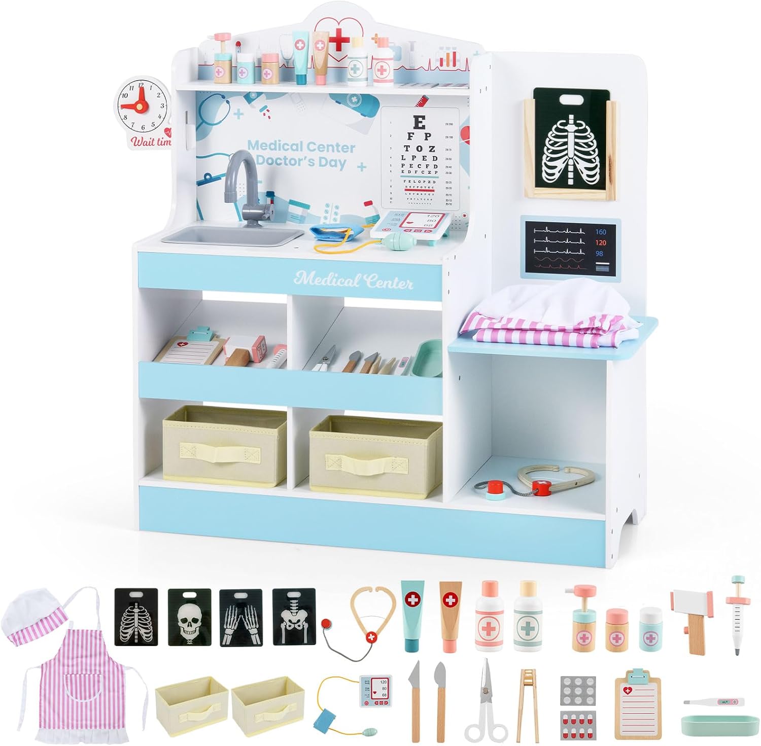 OLAKIDS Doctor Playset Wooden Pretend Medical Station Activity Center Toy Set for Toddler