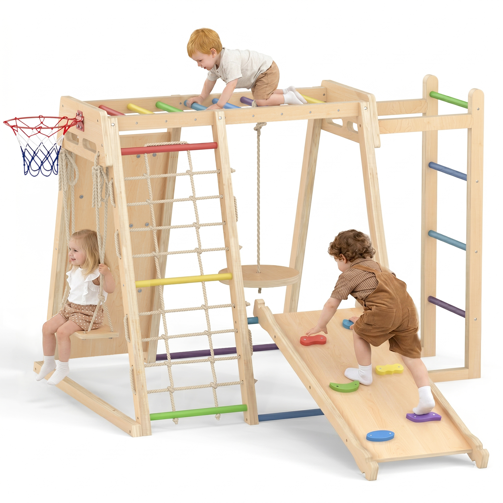 OLAKIDS Indoor Jungle Gym, 9 in 1 Wooden Montessori Baby Climbing Toys