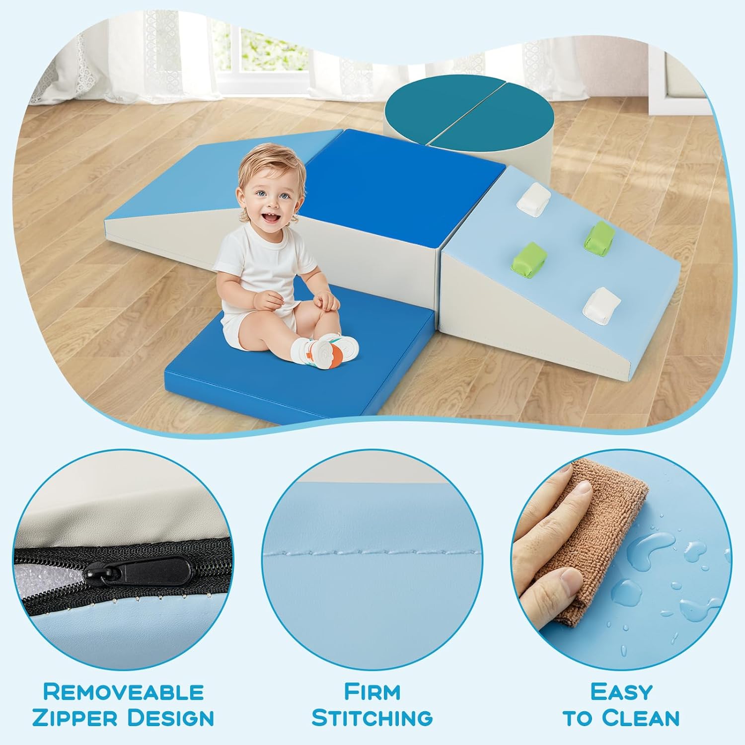 Olakids Climbing Toys for Toddlers, 6 Pieces Baby Foam Blocks Soft Play Set with PU Leather