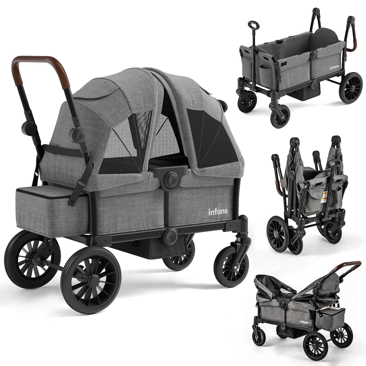 INFANS Wagon Stroller for 2 Kids, Collapsible Adjustable Push Pull Handle Bar, 2 Seater Stroller Wagon
