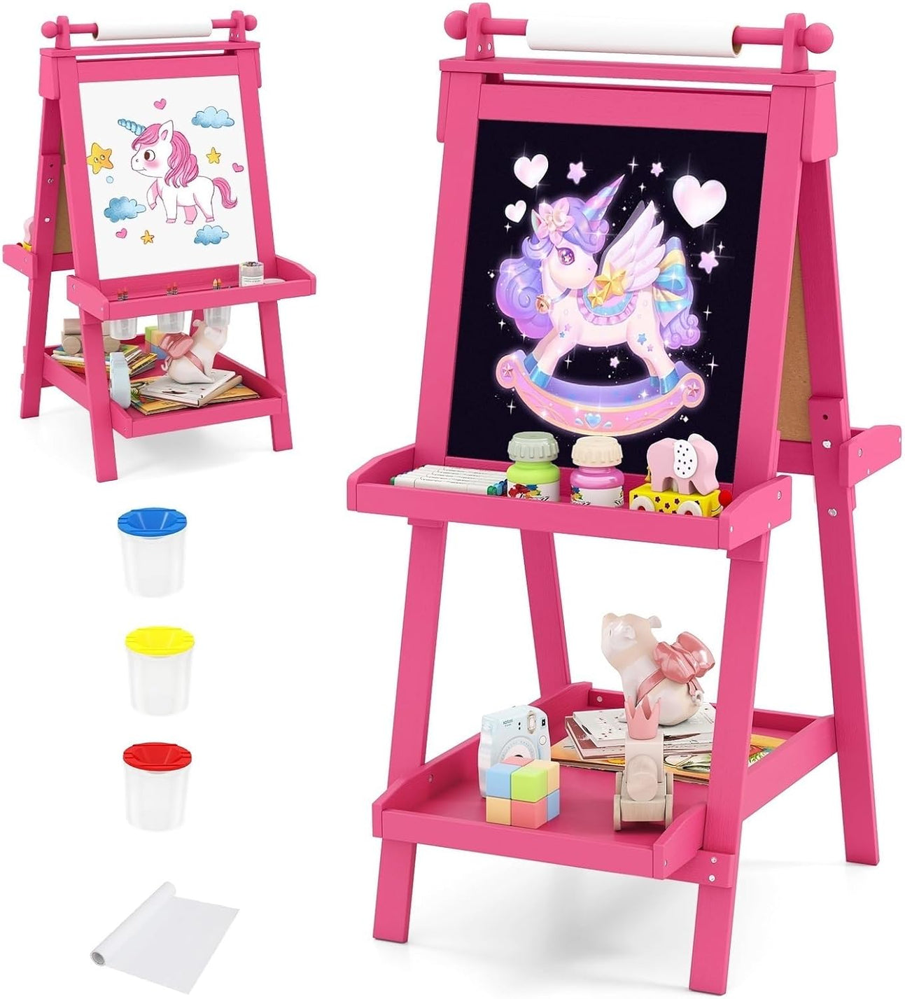 OLAKIDS Easel for Kids, 3 in 1 Adjustable Painting Art Board, Foldable Double-Sided Wooden Drawing Chalkboard Magnetic Whiteboard