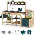 OLAKIDS Wooden Mud Kitchen Outdoor Play Kitchen with Faucet Sink Chalkboard for Kids 3+