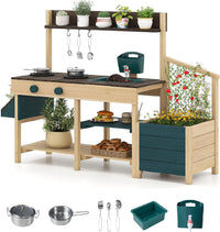 OLAKIDS Wooden Mud Kitchen Outdoor Play Kitchen with Faucet Sink Chalkboard for Kids 3+