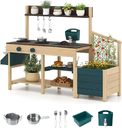 OLAKIDS Wooden Mud Kitchen Outdoor Play Kitchen with Faucet Sink Chalkboard for Kids 3+
