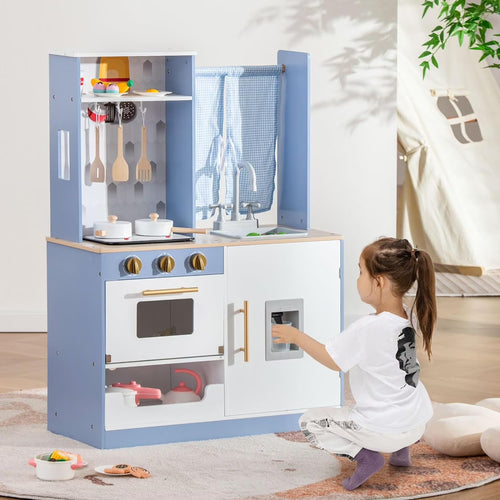 OLAKIDS Wooden Kids Kitchen Playset with Microwave, Pretend Cooking Toy Set