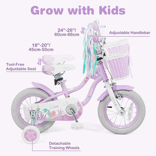 Olakids Kids Bike, 12 14 16 18 20 Inch Mermaid Theme Girls Bicycle with Training Wheels