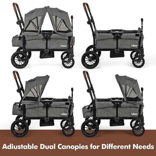 INFANS Wagon Stroller for 2 Kids, Collapsible Adjustable Push Pull Handle Bar, 2 Seater Stroller Wagon