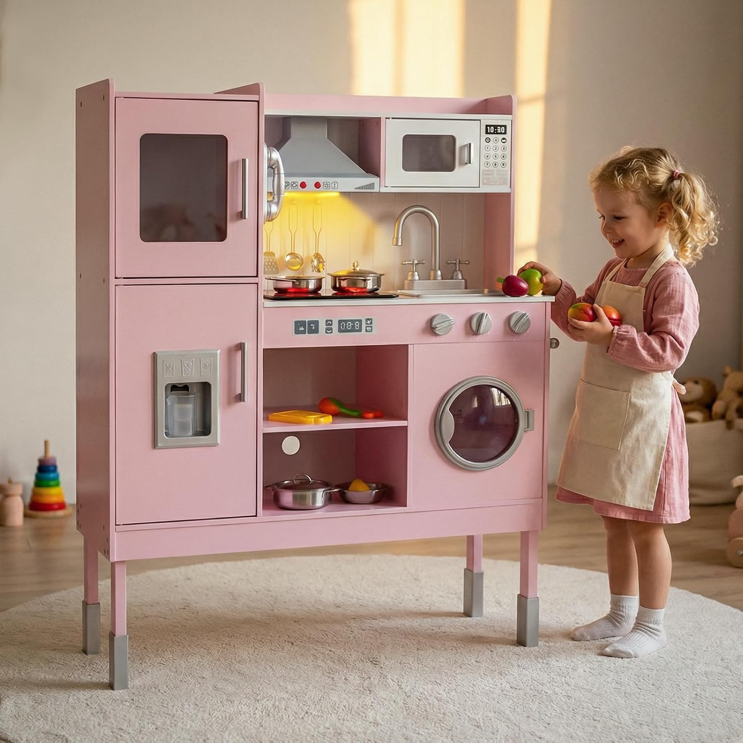 OLAKIDS Wooden Pretend Kitchen Playset for Toddlers with Realistic Light, Sound, Microwave & Storage Cabinet