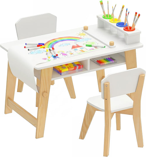 Olakids Kids Art Table and Chair Set, Wooden Multi Activity Desk with Roll Paper 2 Storage Shelves 4 Paint Cups