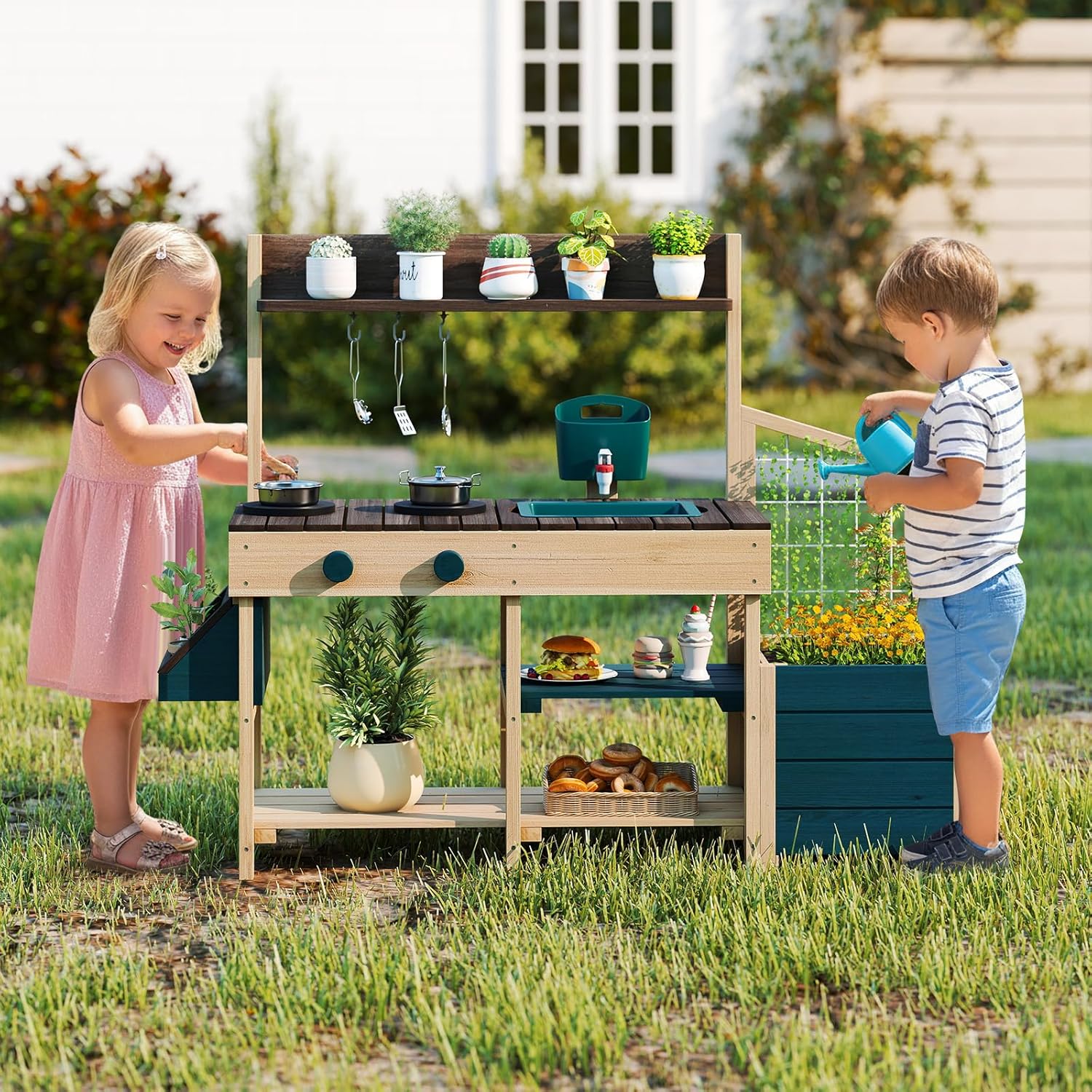 OLAKIDS Wooden Mud Kitchen Outdoor Play Kitchen with Faucet Sink Chalkboard for Kids 3+