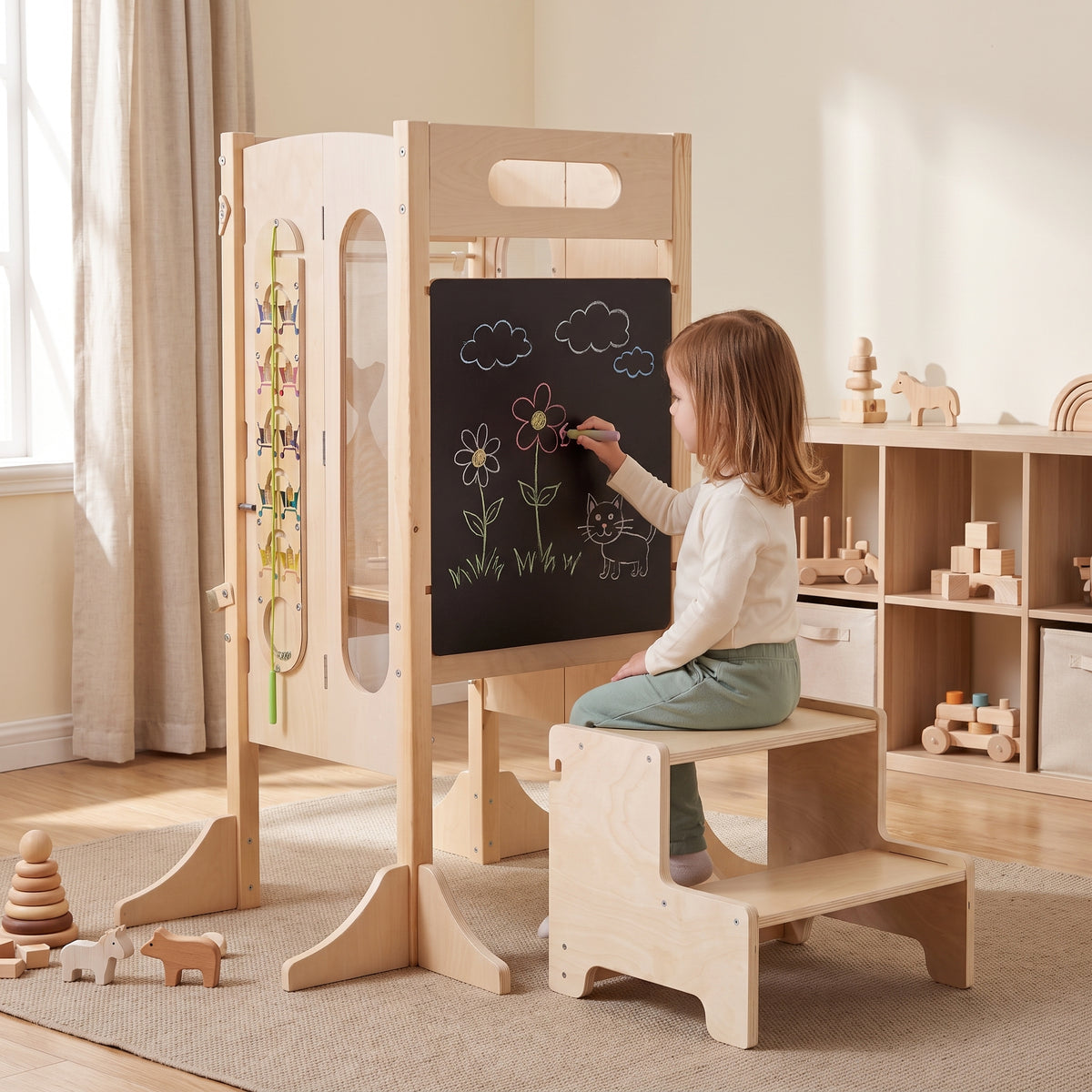 OLAKIDS Foldable 4-in-1 Wooden Toddler Tower, 2-Step Standing Stool with Chalkboard, Kitchen Helper for Kids 3+