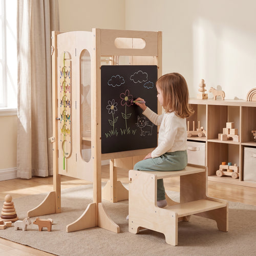 OLAKIDS Foldable 4-in-1 Wooden Toddler Tower, 2-Step Standing Stool with Chalkboard, Kitchen Helper for Kids 3+