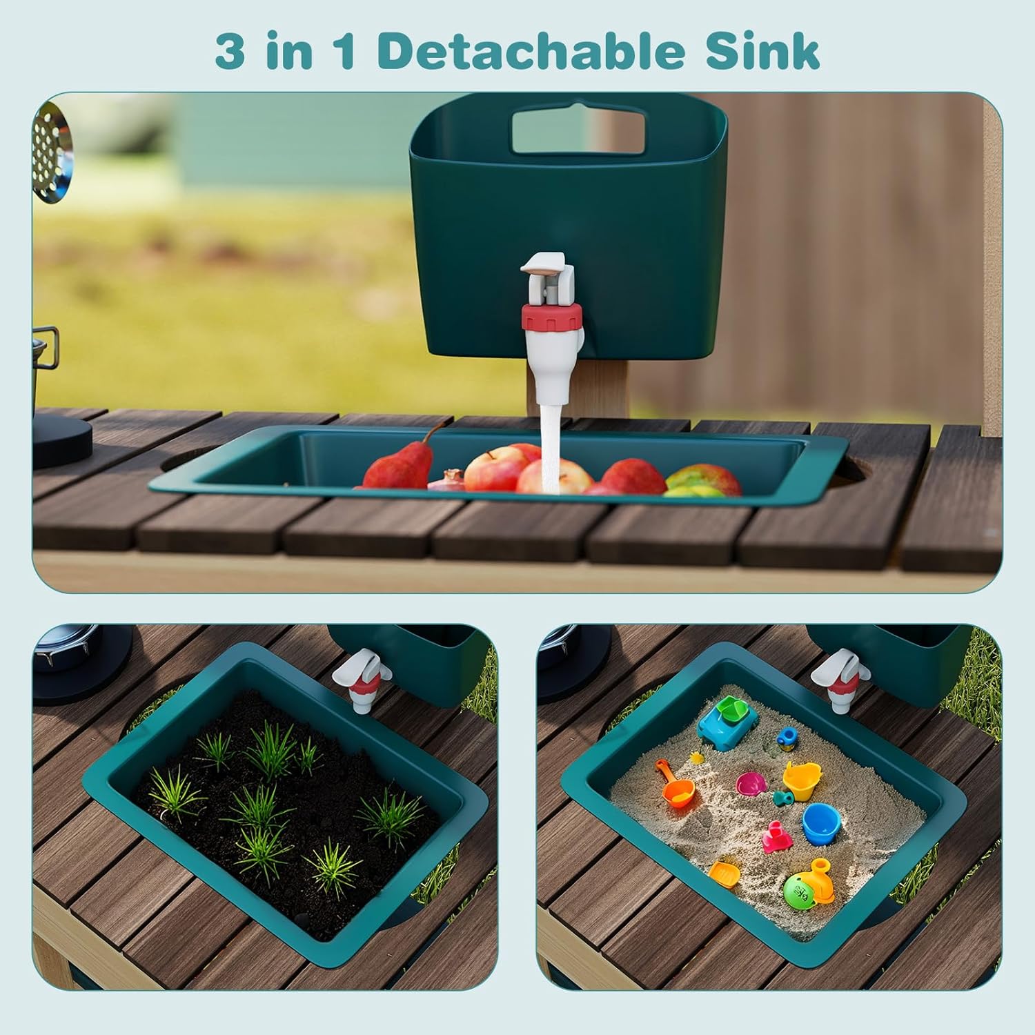 OLAKIDS Wooden Mud Kitchen Outdoor Play Kitchen with Faucet Sink Chalkboard for Kids 3+