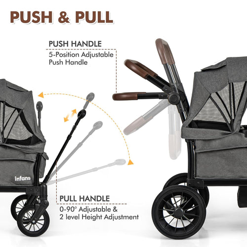 INFANS Wagon Stroller for 2 Kids, Collapsible Adjustable Push Pull Handle Bar, 2 Seater Stroller Wagon