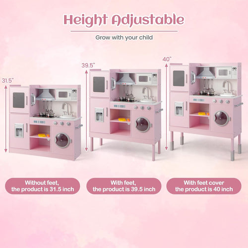 OLAKIDS Wooden Pretend Kitchen Playset for Toddlers with Realistic Light, Sound, Microwave & Storage Cabinet