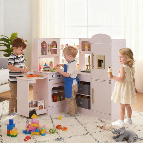 OLAKIDS Corner Kids Kitchen, Wooden Pretend Playset for Boys Girls Aged 3+
