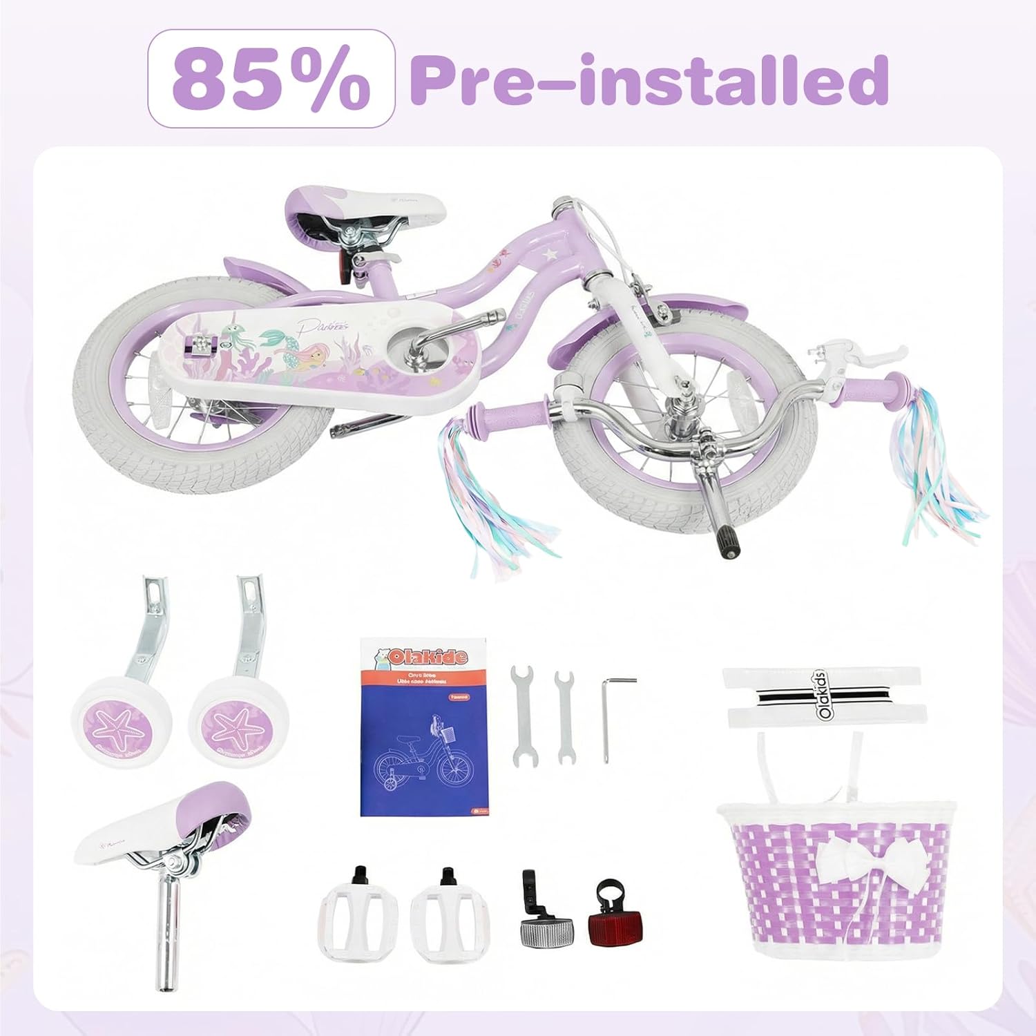 Olakids Kids Bike, 12 14 16 18 20 Inch Mermaid Theme Girls Bicycle with Training Wheels