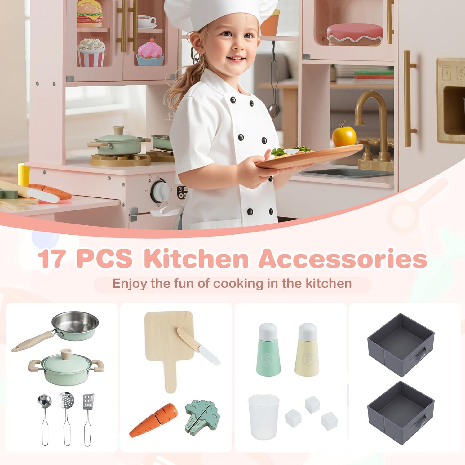 OLAKIDS Corner Kids Kitchen, Wooden Pretend Playset for Boys Girls Aged 3+