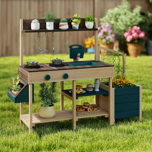 OLAKIDS Wooden Mud Kitchen Outdoor Play Kitchen with Faucet Sink Chalkboard for Kids 3+