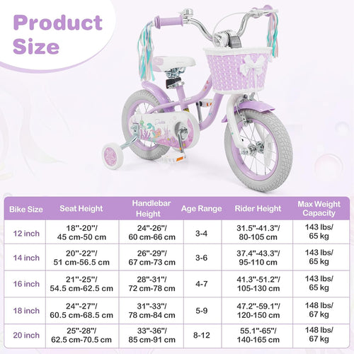 Olakids Kids Bike, 12 14 16 18 20 Inch Mermaid Theme Girls Bicycle with Training Wheels