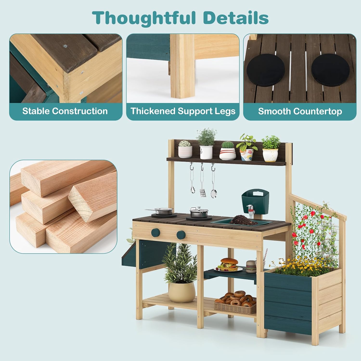 OLAKIDS Wooden Mud Kitchen Outdoor Play Kitchen with Faucet Sink Chalkboard for Kids 3+