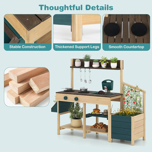 OLAKIDS Wooden Mud Kitchen Outdoor Play Kitchen with Faucet Sink Chalkboard for Kids 3+