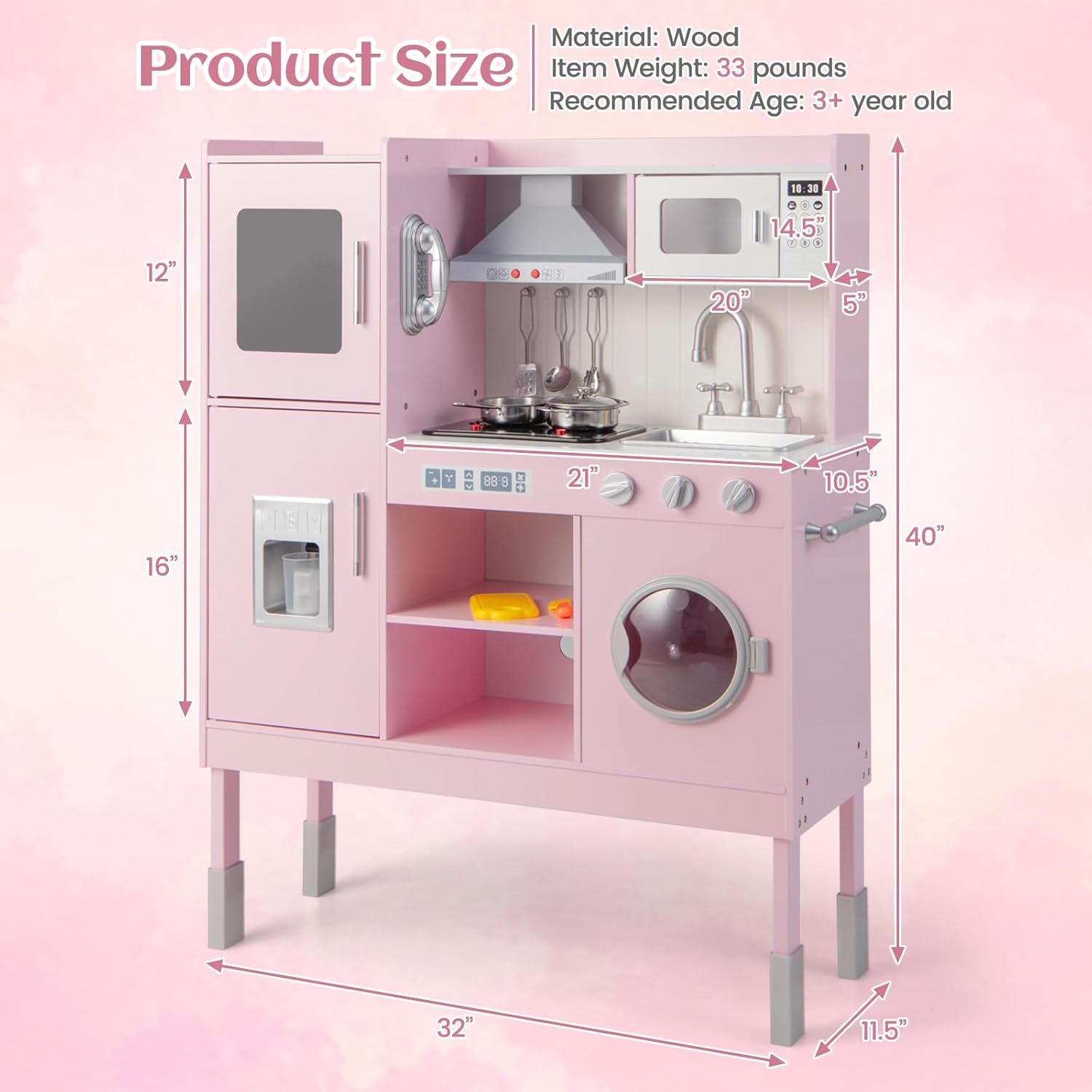 OLAKIDS Wooden Pretend Kitchen Playset for Toddlers with Realistic Light, Sound, Microwave & Storage Cabinet