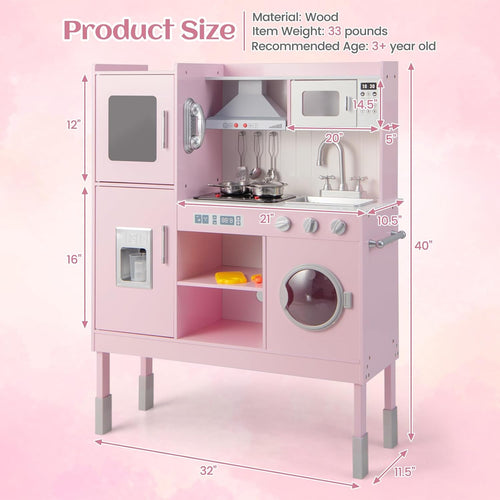 OLAKIDS Wooden Pretend Kitchen Playset for Toddlers with Realistic Light, Sound, Microwave & Storage Cabinet