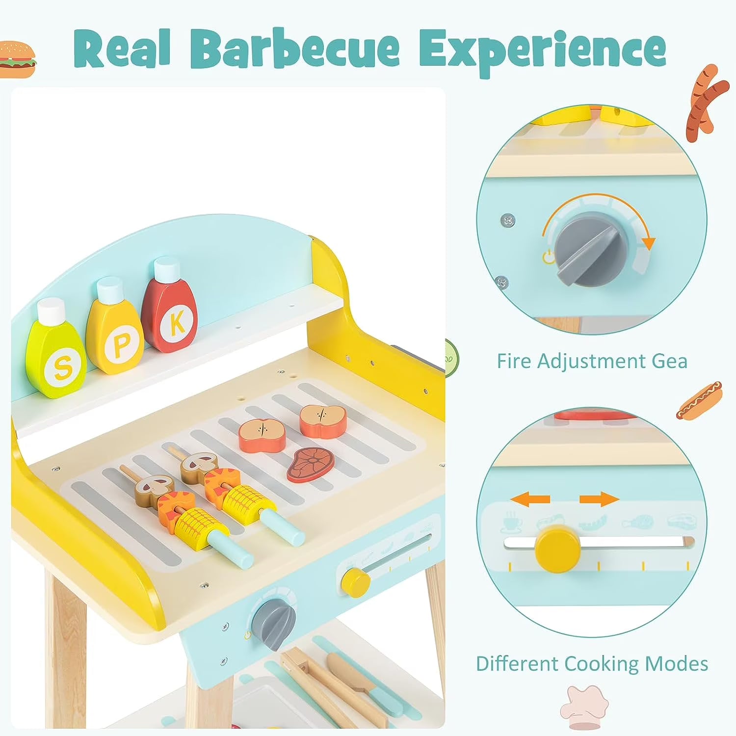 OLAKIDS Barbecue Grill Playset, Kids Wooden Pretend BBQ Toy Set with 21 Food Accessories, Role Play Kitchen Cooking Set Gift for Toddlers Boys Girls Age 3+