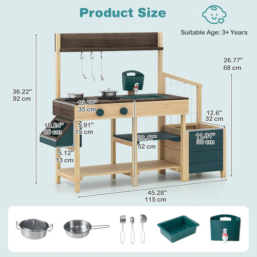 OLAKIDS Wooden Mud Kitchen Outdoor Play Kitchen with Faucet Sink Chalkboard for Kids 3+