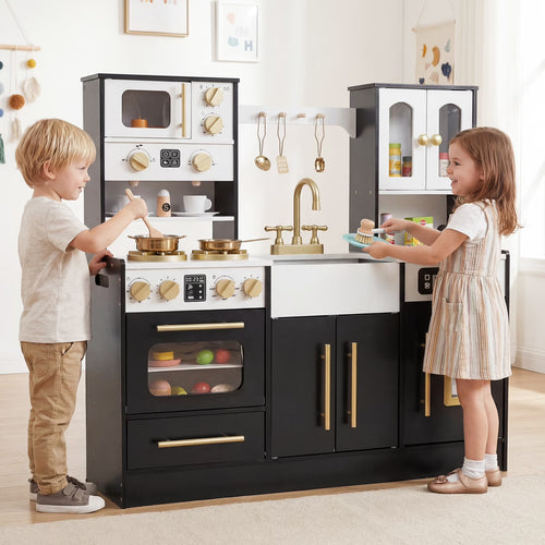 OLAKIDS Kids Kitchen Playset, Wooden Pretend Play Kitchen with Realistic Light Sound 14 Accessories, Toddler Cooking Toy for Boys Girls Aged 3+