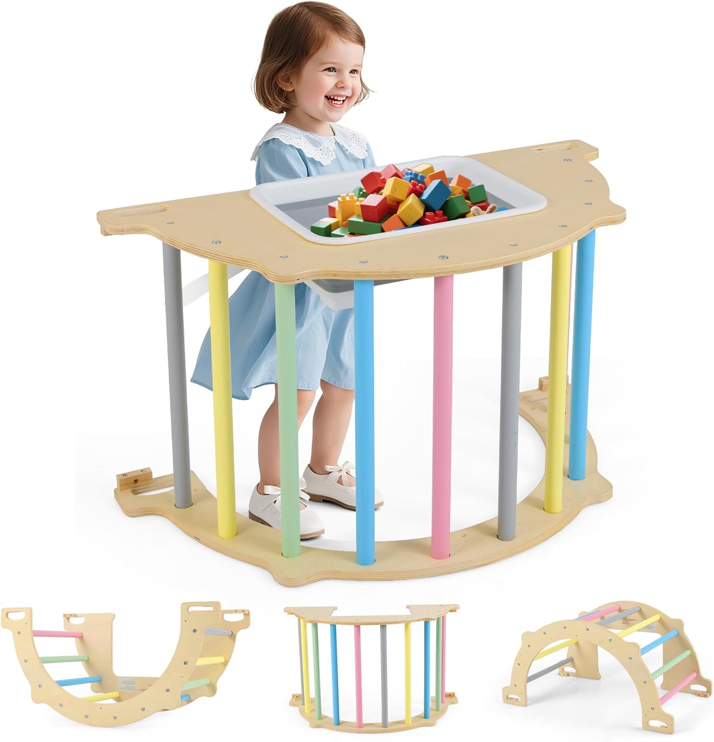 OLAKIDS Climbing Arch for Toddlers 5 in 1 Wooden Indoor Kids Climber Rocker Montessori Sensory Table
