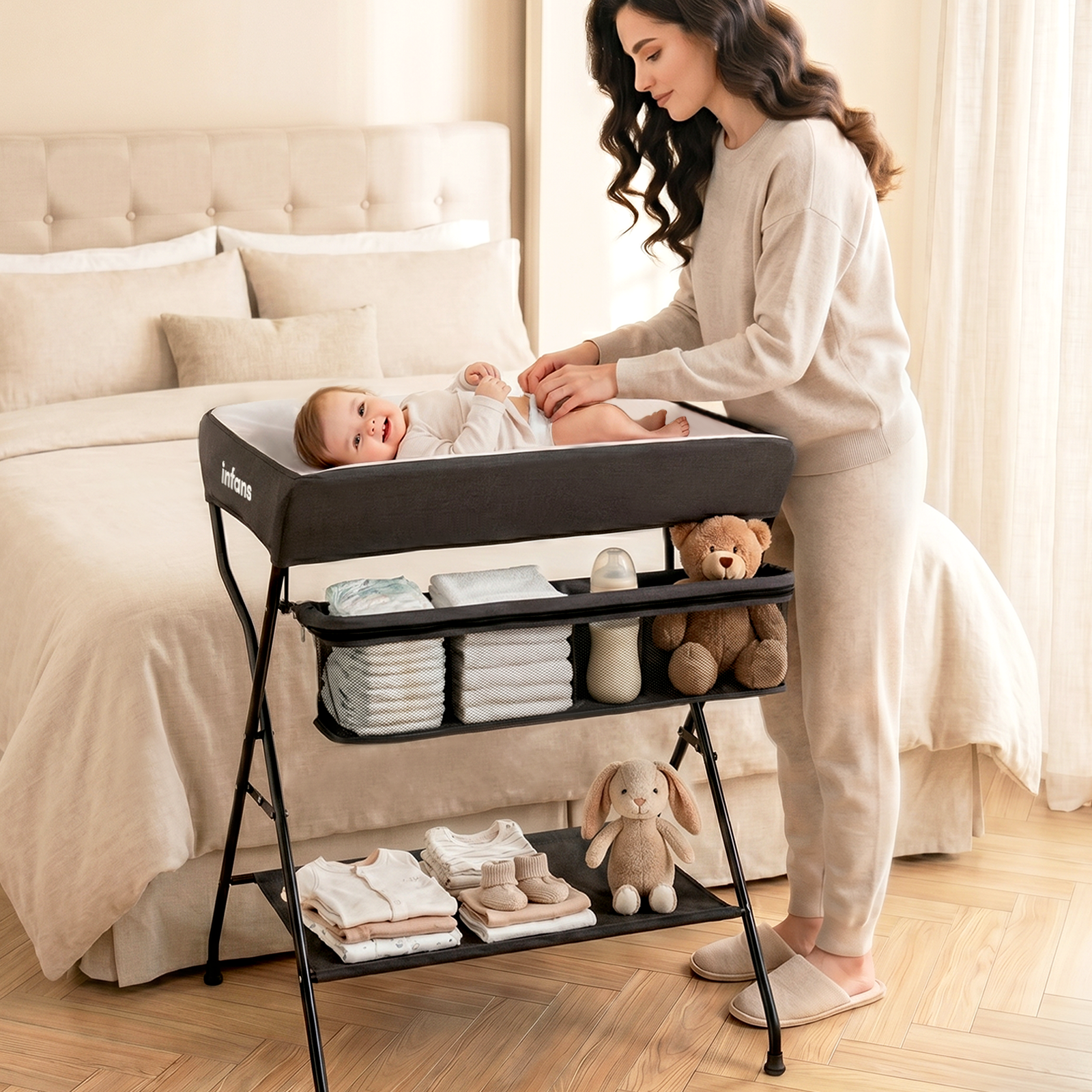 INFANS Baby Changing Table, Folding Diaper Station Portable Nursery Organizer with Safety Belt and Storage Racks