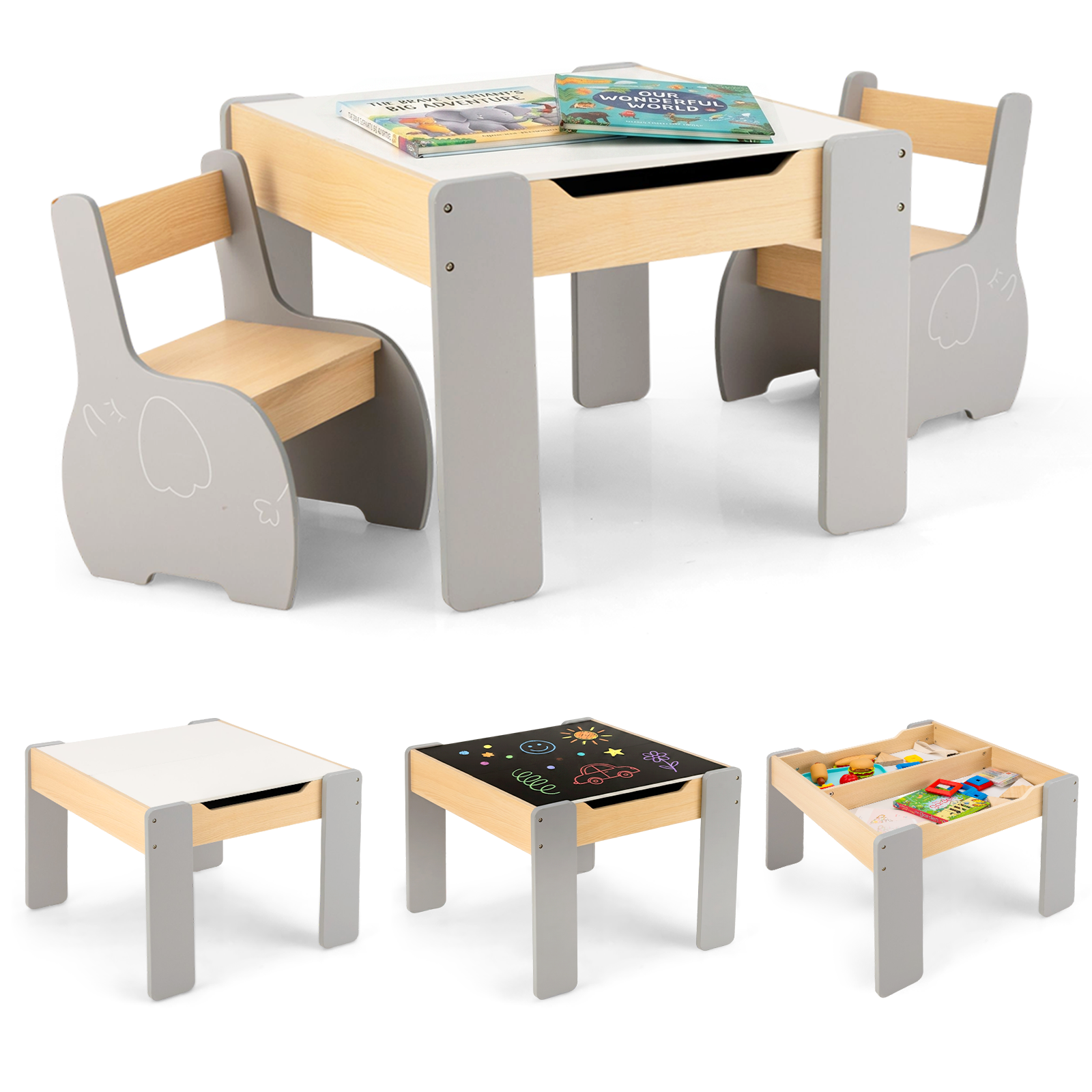 OLAKIDS 3 in 1 Kids Table and Chair Set, Wood Multi Activity Table with Removable Tabletop, Detachable Blackboard