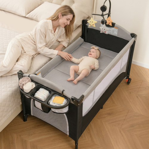 INFANS 5 in 1 Portable Playard, Larger Size Baby Bassinet Bedside Sleeper, Diaper Changer, Foldable Bedside Crib