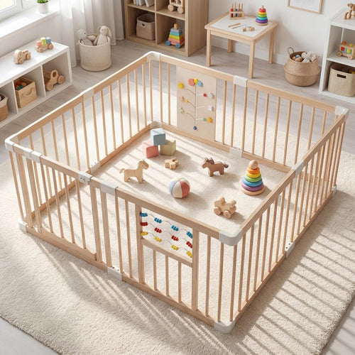 INFANS Wooden Baby Playpen with Adjustable Size & Shape, 8 Panels, Child Proof Lock, Easy to Assemble, 63" x 63" Portable Play Yard