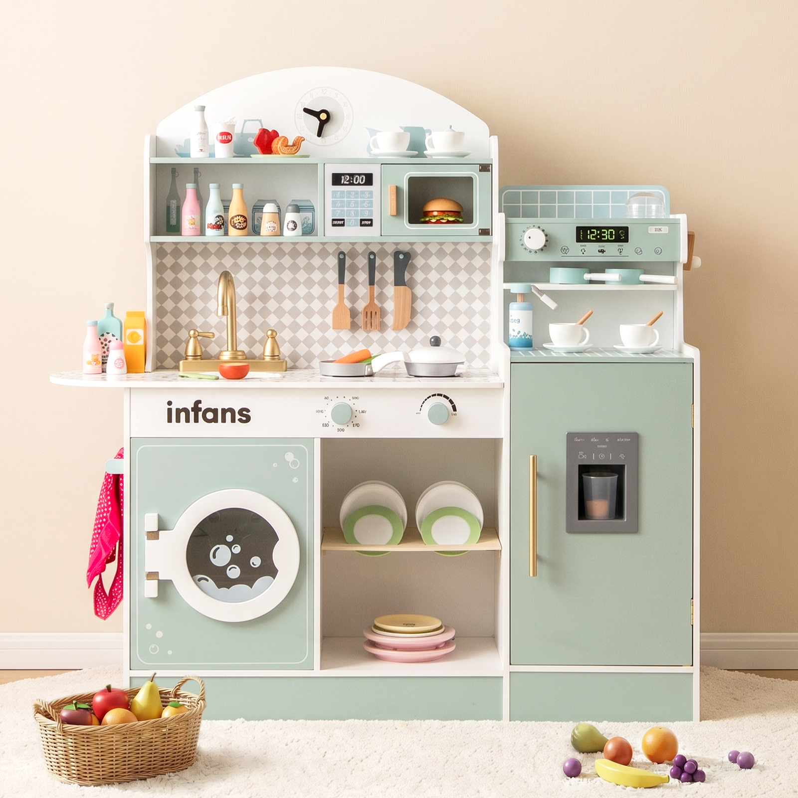 OLAKIDS Wooden Kids Kitchen Playset with Coffee Maker, Pretend Cooking Toy Set