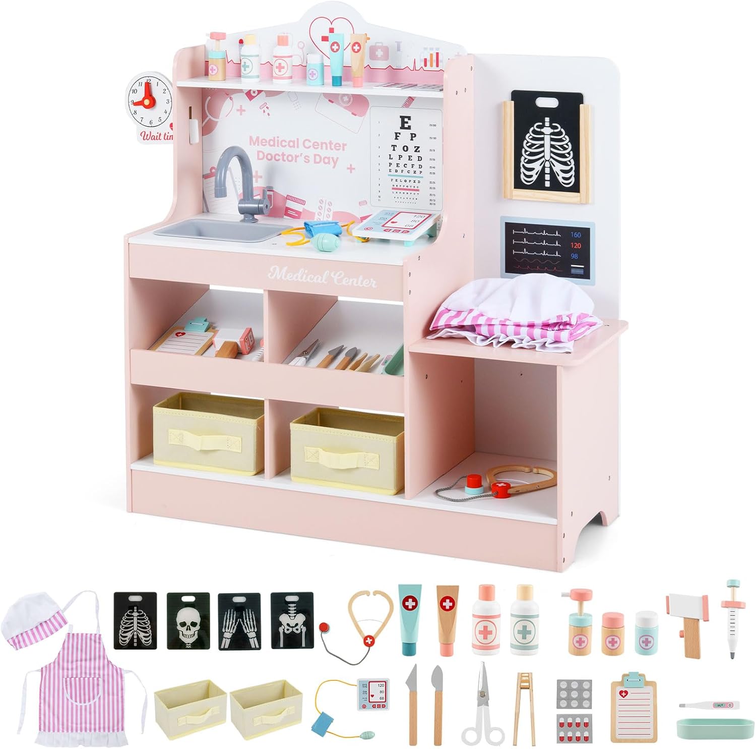 OLAKIDS Doctor Playset Wooden Pretend Medical Station Activity Center Toy Set for Toddler