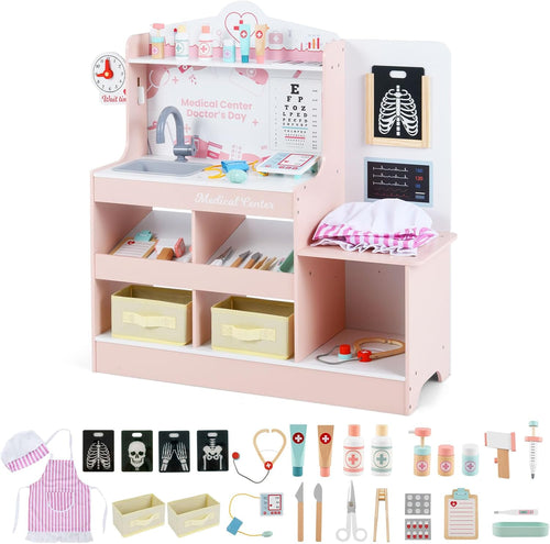 OLAKIDS Doctor Playset Wooden Pretend Medical Station Activity Center Toy Set for Toddler